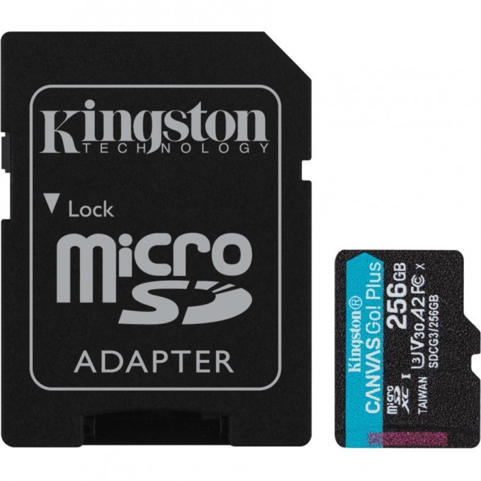 Карта памяти microSDXC UHS-I U3 KINGSTON CANVAS GO! PLUS 256 ГБ, 170 МБ/с, Class 10, , 1 шт., переходник SD SDCG3/256GB